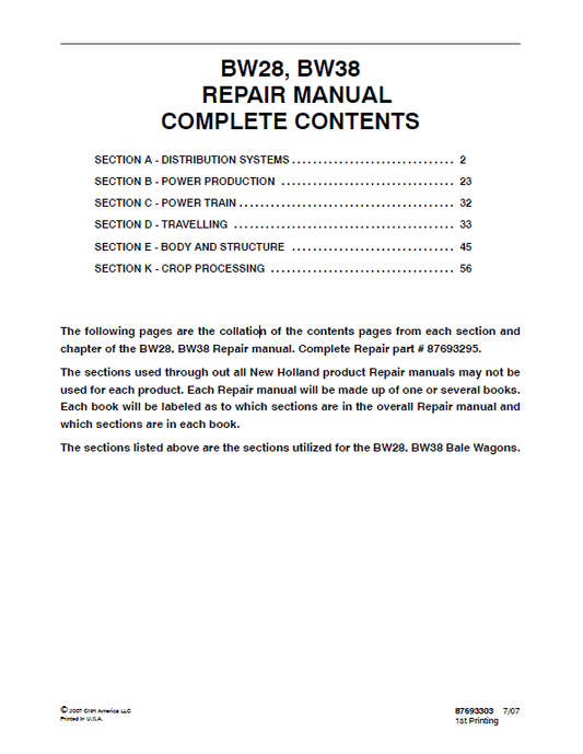 New Holland BW28, BW38 Bale Wagon Service Manual Workshop Guide