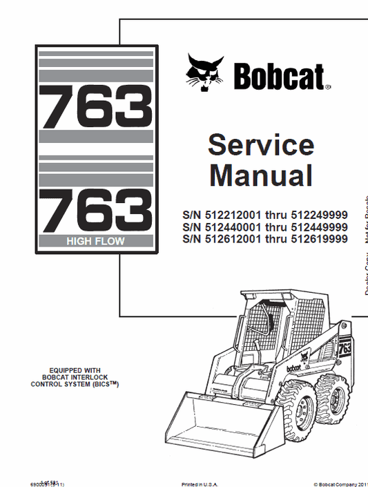 Bobcat 763 and 763HF Skid-Steer Loader Service Manual Workshop Guide