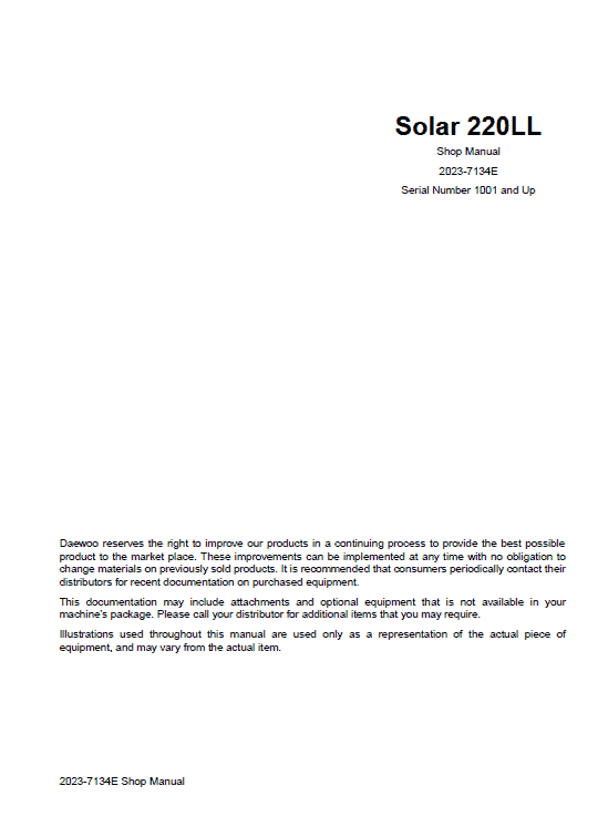 Daewoo Solar S220LL Excavator Service Manual Workshop Guide
