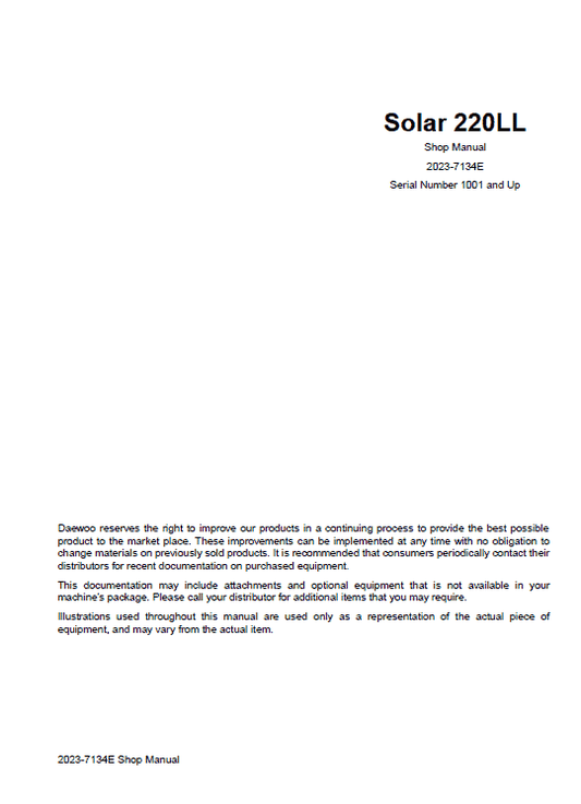 Daewoo Solar S220LL Excavator Service Manual Workshop Guide