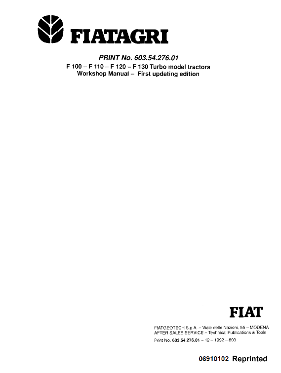 Fiat F100, F110, F120, F130 Tractor Workshop Service Manual Workshop Guide
