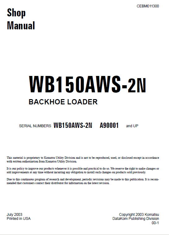 Komatsu WB150AWS-2N Backhoe Loader Service Manual Workshop Guide