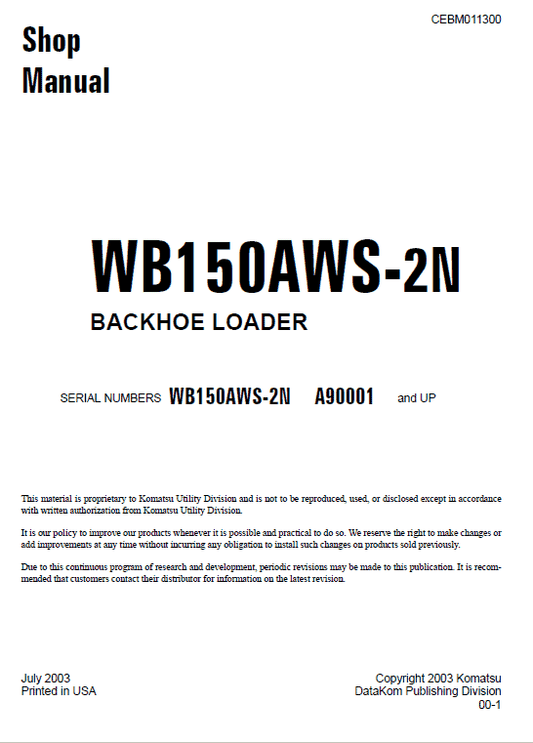 Komatsu WB150AWS-2N Backhoe Loader Service Manual Workshop Guide
