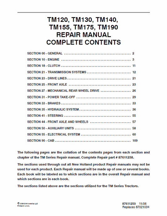 New Holland TM120, TM130, TM140, TM155, TM175, TM190 Tractors Manual Workshop Guide