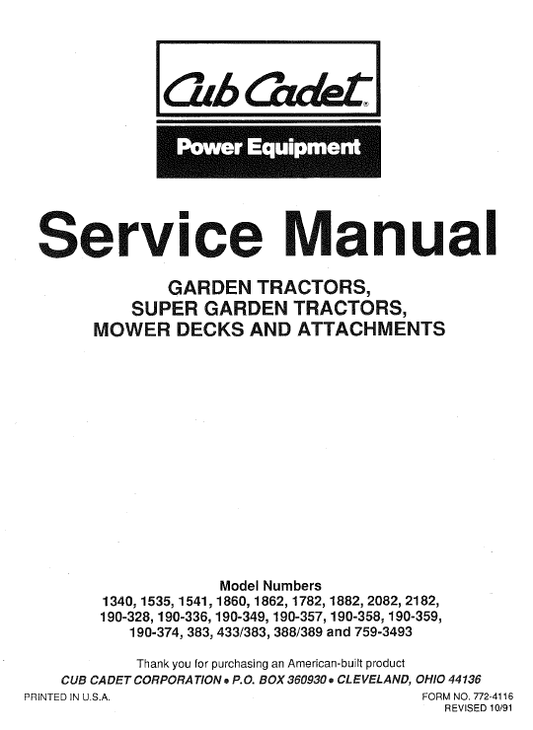 Cub Cadet 1860, 1862 and 1882 Service Manual Workshop Guide
