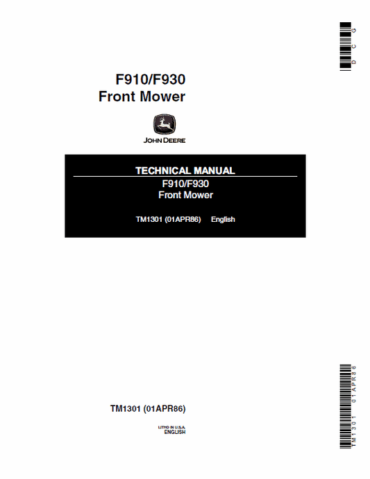 John Deere F910, F930 Front Mower Repair Technical Manual (TM1301) Workshop Guide