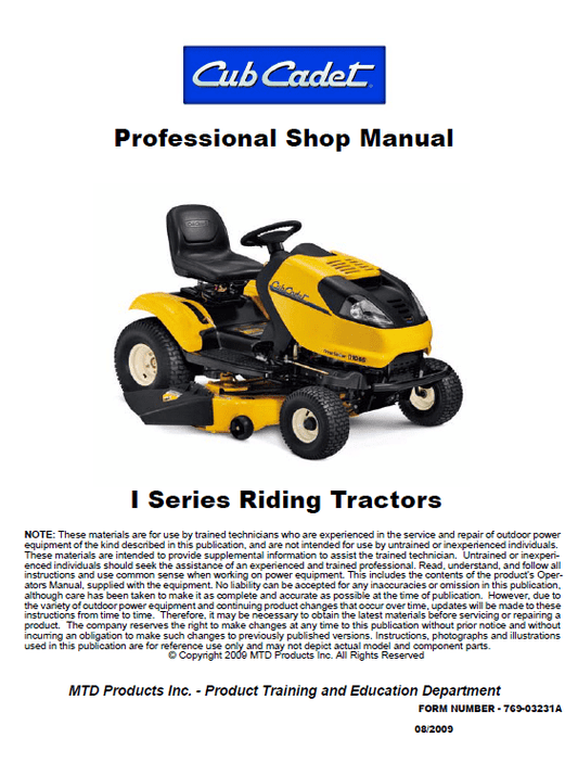 Cub Cadet I Series Riding Tractors Service Manual Workshop Guide
