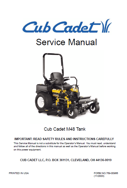 Cub Cadet M48 Tank Mower Service Manual Workshop Guide