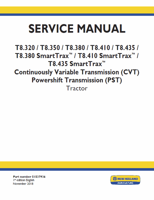 New Holland T8.320, T8.350, T8.380, T8.410, T8.435 Tractor Service Manual Workshop Guide