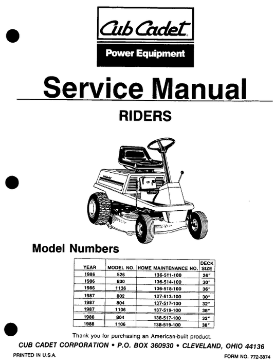 Cub Cadet 526, 802, 804, 830, 1106, 1136 Mower Service Manual Workshop Guide