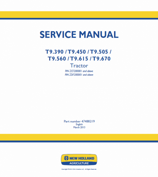 New Holland T9.390, T9.450, T9.505 Tractor Service Manual Workshop Guide