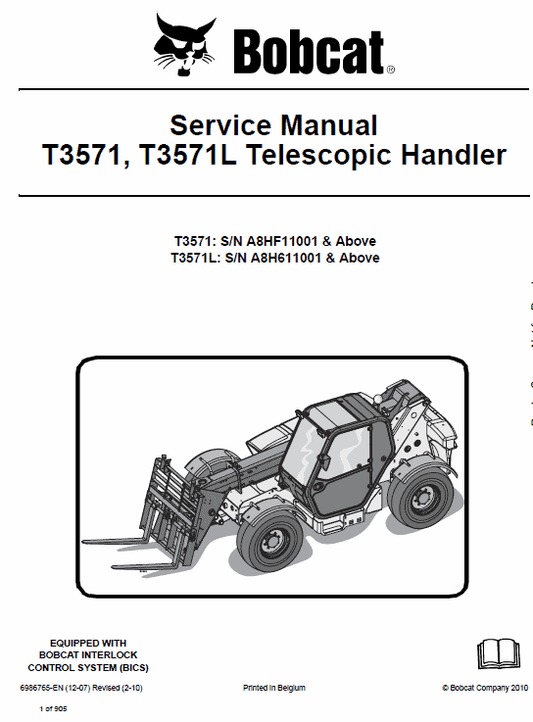 Bobcat T3571, T3571L Telescopic Handler Service Repair Manual Workshop Guide