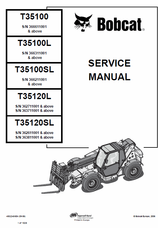 Bobcat T35100, T35100S, T35100L, T35100SL, T35120L, T35120SL Telescopic Manual Workshop Guide