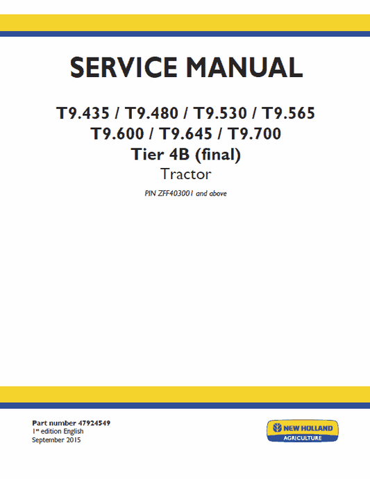 New Holland T9.435, T9.480, T9.530, T9.565 Tractor Service Manual Workshop Guide