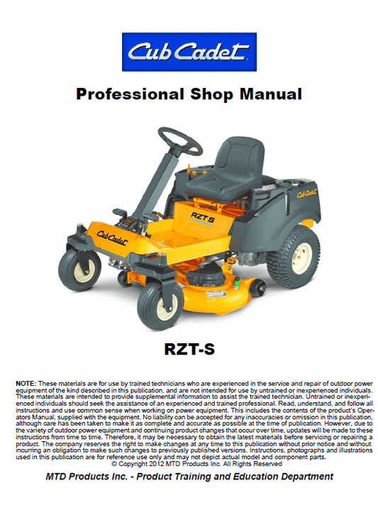 Cub Cadet RZT S Series (2012 and After) Service Manual Workshop Guide