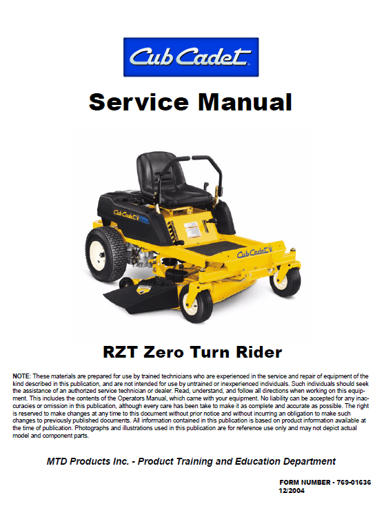 Cub Cadet RZT Series (2004-2005) Service Manual Workshop Guide