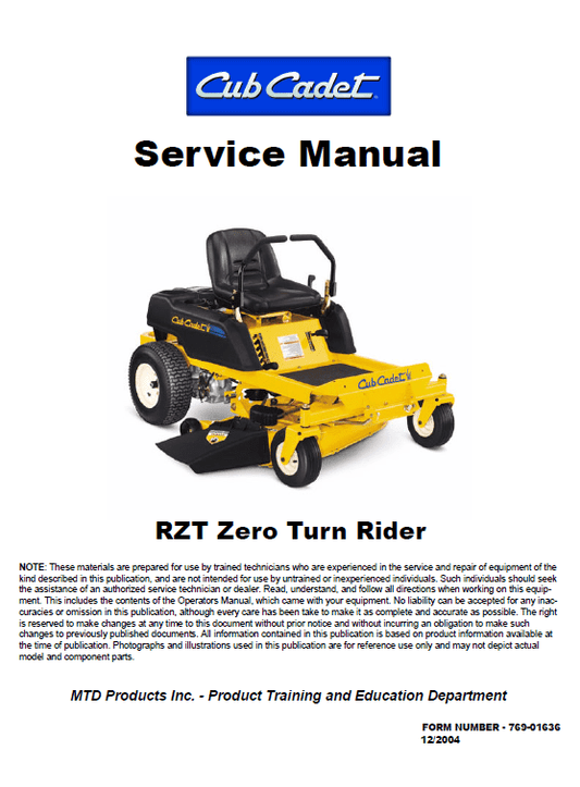 Cub Cadet RZT Series (2004-2005) Service Manual Workshop Guide