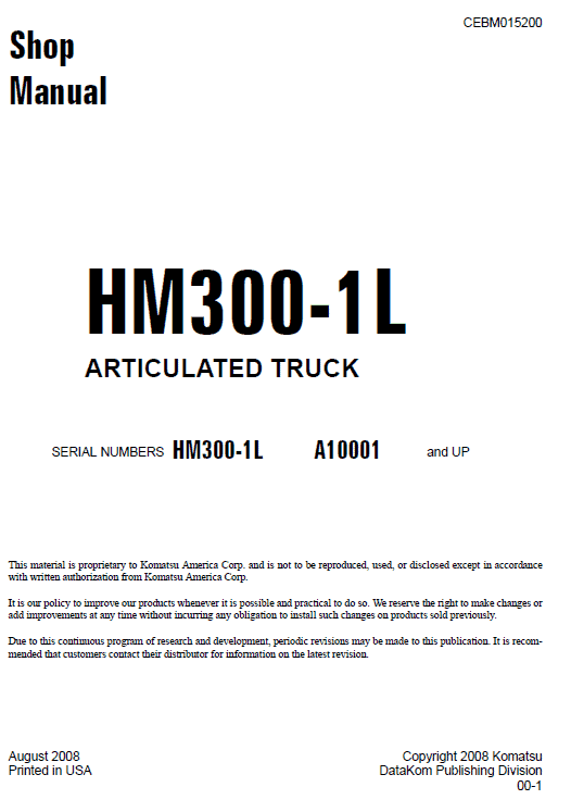 Komatsu HM300-1L Dump Truck Service Manual Workshop Guide
