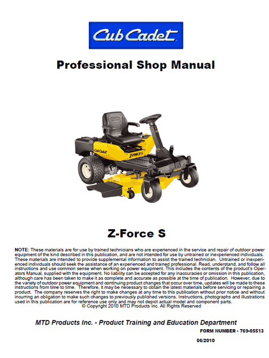 Cub Cadet Z-FORCE S Series (2010) Service Manual Workshop Guide