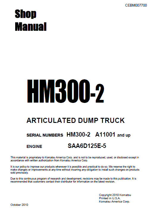 Komatsu HM300-2 Dump Truck Service Manual Workshop Guide