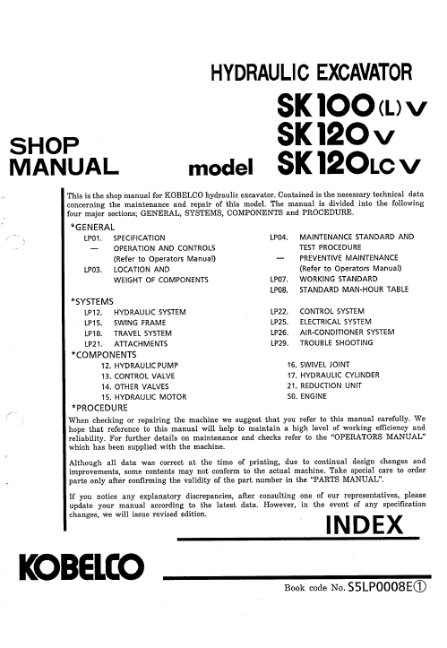 Kobelco SK100 and SK120 Excavator Service Manual Workshop Guide