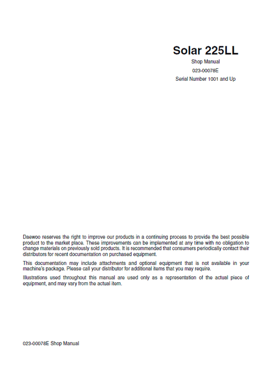 Daewoo Solar S225LL Excavator Service Manual Workshop Guide