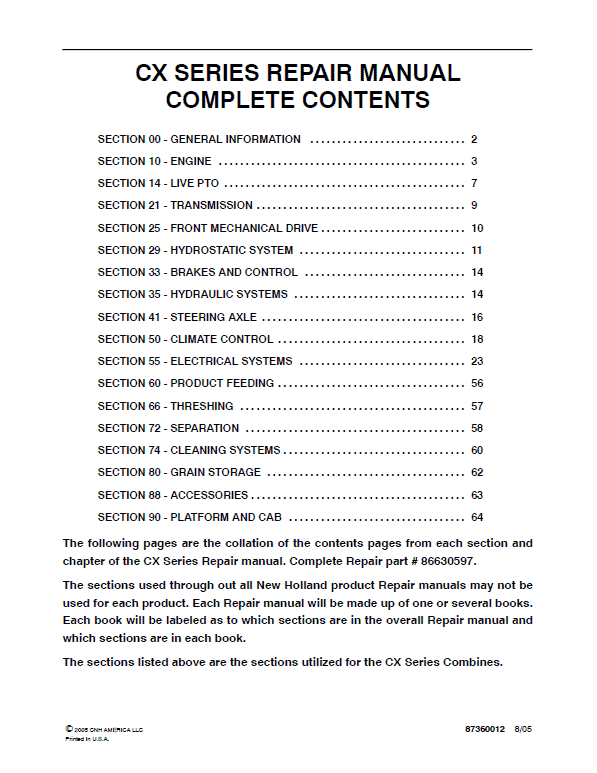 New Holland CX860, CX880 Combines Service Manual Workshop Guide