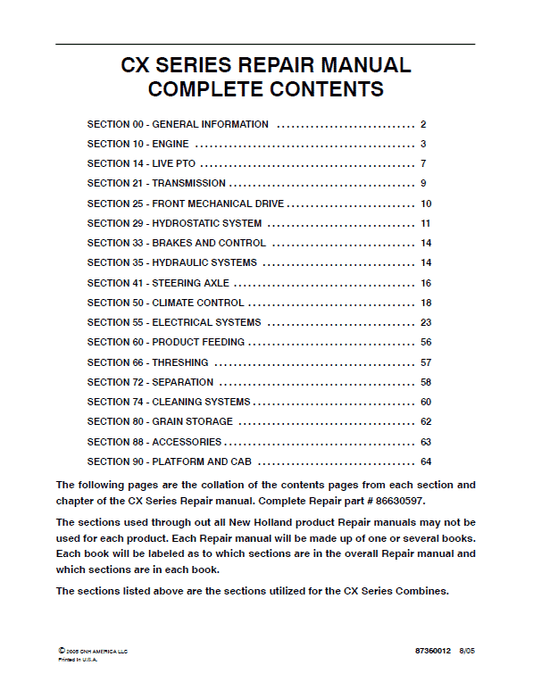 New Holland CX860, CX880 Combines Service Manual Workshop Guide