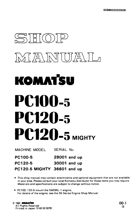 Komatsu PC100-5 and PC120-5 Excavator Service Manual Workshop Guide