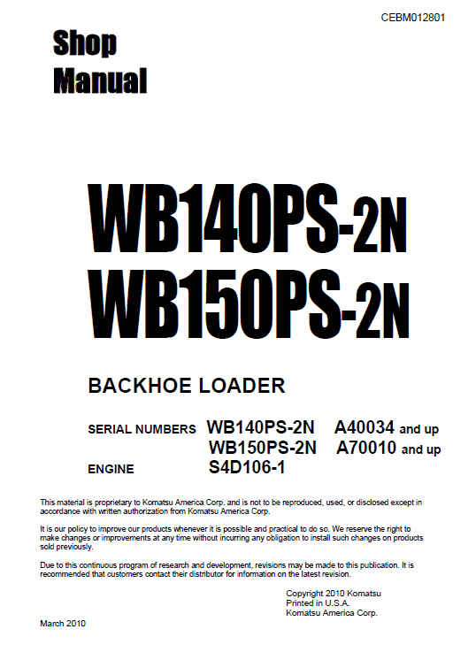 Komatsu WB140PS-2N and WB150PS-2N Backhoe Loader Service Manual Workshop Guide