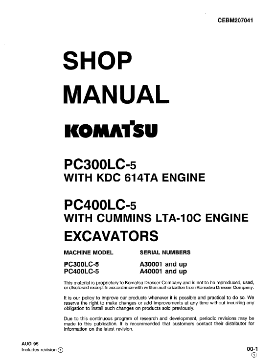 Komatsu PC400-5, PC400LC-5, PC400HD-5 Excavator Service Manual Workshop Guide