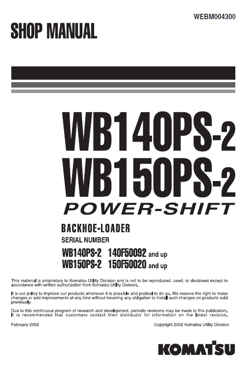 Komatsu WB140PS-2 and WB150PS-2 Backhoe Loader Service Manual Workshop Guide