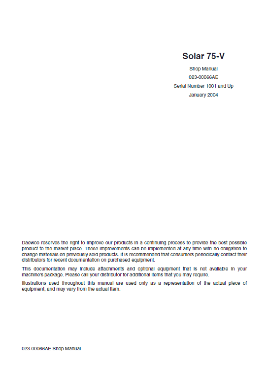 Daewoo Solar S75-V Excavator Service Manual Workshop Guide