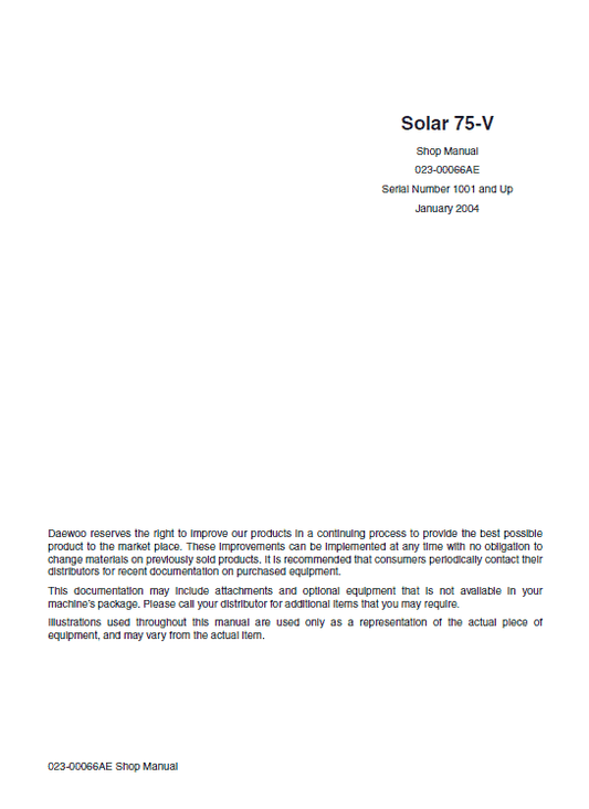 Daewoo Solar S75-V Excavator Service Manual Workshop Guide