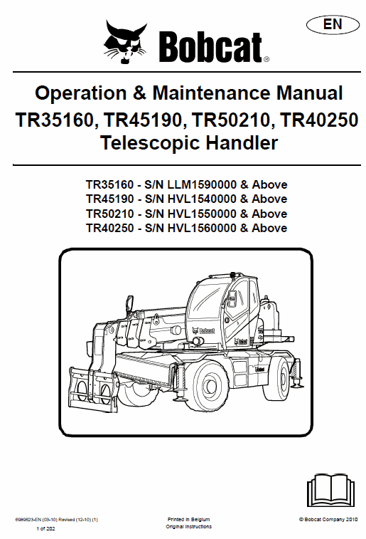 Bobcat TR35160, TR45190, TR50210, TR40250 Telescopic Service Manual Workshop Guide