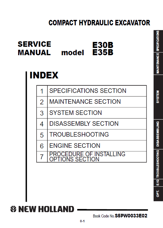 New Holland E30B and E35B Compact Excavator Service Manual Workshop Guide