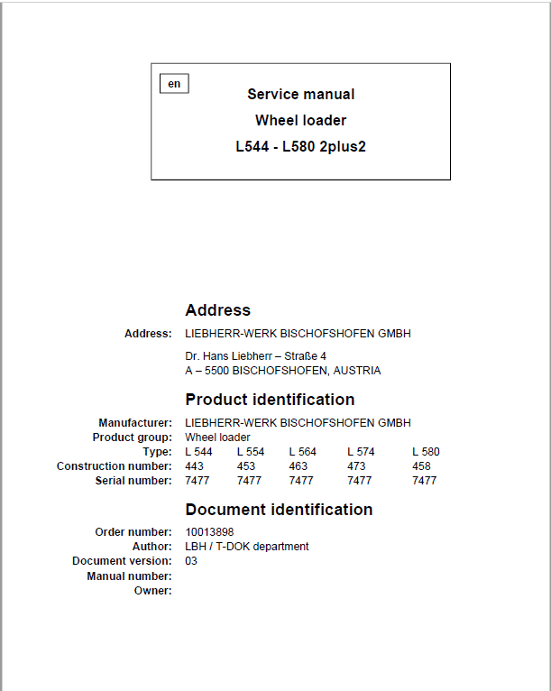 Liebherr L564, L574, L580 2plus2 Wheel Loader Service Manual