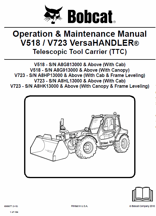 Bobcat V723 VersaHANDLER Telescopic Service Repair Manual Workshop Guide