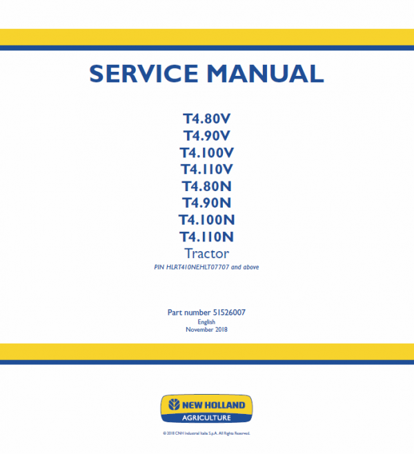 New Holland T4.80V, T4.90V, T4.100V, T4.110V Tractor Service Manual Workshop Guide