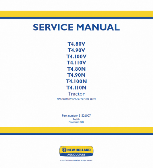 New Holland T4.80V, T4.90V, T4.100V, T4.110V Tractor Service Manual Workshop Guide