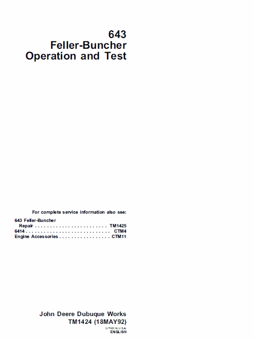 John Deere 643 Feller Buncher Repair Technical Manual Workshop Guide