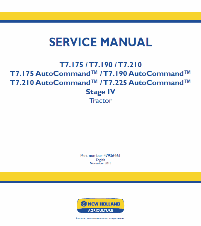 New Holland T7.175, T7.190, T7.210, T7.225 Tractor Service Manual Workshop Guide