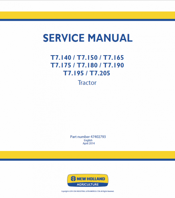 New Holland T7.195, T7.205 Tractor Service Manual Workshop Guide