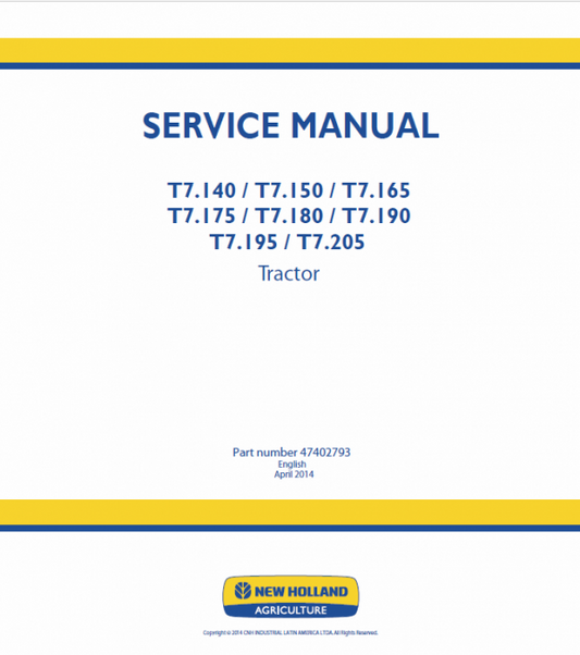 New Holland T7.195, T7.205 Tractor Service Manual Workshop Guide
