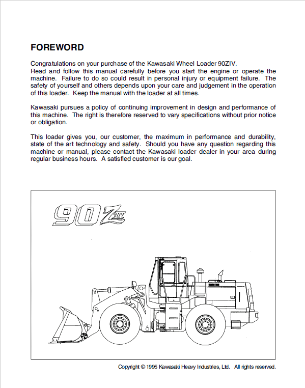 Kawasaki 90ZIV Wheel Loader Repair Service Manual