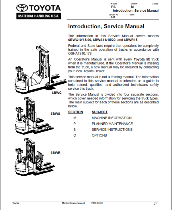 Toyota 6BWC10, 6BWC15, 6BWC20, 6BWS11, 6BWS15, 6BWS20, 6BWR15 Repair Manual Workshop Guide
