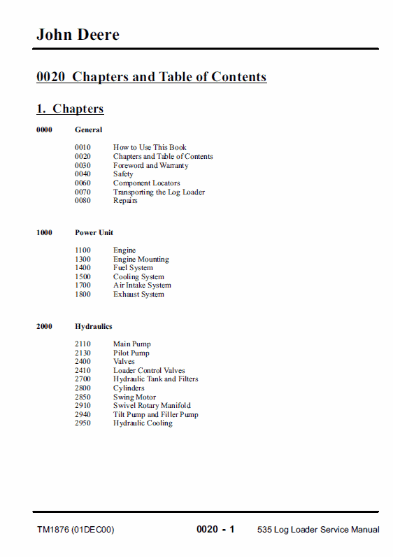 John Deere 535 Log Loader Repair Technical Manual (SN between 001001 – 001043) Workshop Guide
