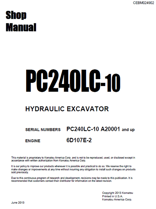 Komatsu PC240LC-10 Excavator Service Manual Workshop Guide