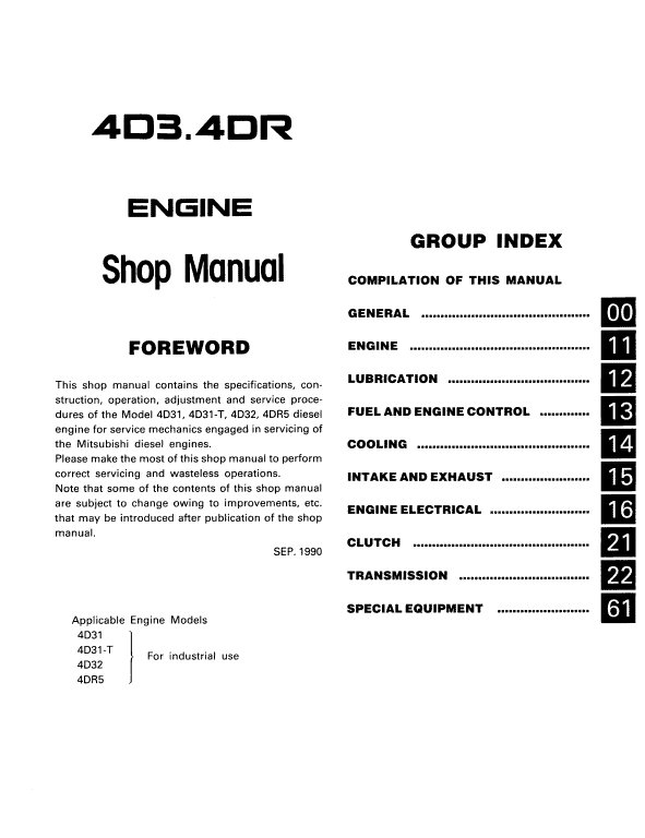 Mitsubishi 4D30, 4D31, 4D32, 4DR5, 6DR5 Engine Service Manual Workshop Guide