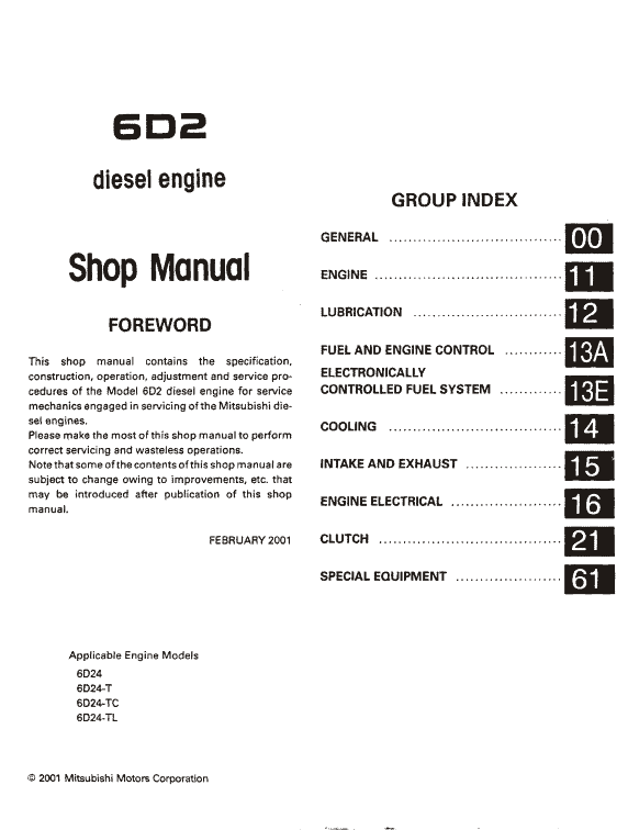 Mitsubishi 6D24, 6D24-T, 6D25-TC Engine Workshop Service Manual Workshop Guide